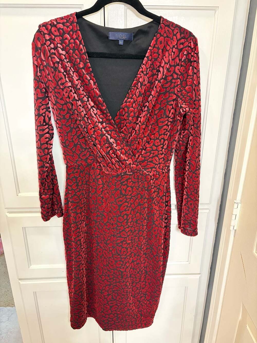 Rachel Roy Red and Black Leopard Flocked Velvet Long Sleeve Wrap Dress Large